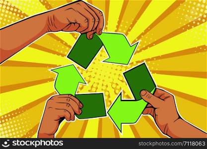 Paper recycle sign in hands. Save world ecology concept. Vector Illustration in pop art retro comic style