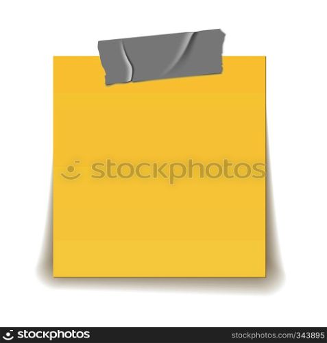 Paper reminder. Scotch tape strip piece stick on yellow important sheet realistic 3d isolated vector illustration. Paper reminder. Scotch tape strip piece stick on yellow important sheet realistic 3d isolated illustration