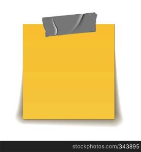 Paper reminder. Scotch tape strip piece stick on yellow important sheet realistic 3d isolated vector illustration. Paper reminder. Scotch tape strip piece stick on yellow important sheet realistic 3d isolated illustration