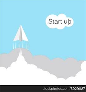 Paper rocket icon with white cloud on sky background.Start up new business project concept,business take off,project or extraterrestrial travel.Startup sign.Business sign.Marketing sign.Vector illustration