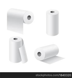 Paper rolls realistic. 3d white kitchen towel or toilet tissue on cardboard cylinder, hygiene products, different camera angle, unwound pieces, bathroom accessories. Clean soft napkin. Vector set. Paper rolls realistic. 3d white kitchen towel or toilet tissue on cardboard cylinder, hygiene products, different camera angle, unwound pieces. Clean soft napkin. Vector set