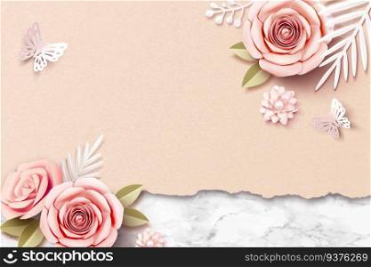 Paper roses on marble stone and kraft paper background in 3d illustration. Paper roses on marble stone