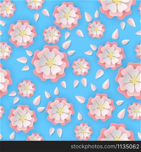 Paper sakura seamless pattern. Floral stylish wallpaper colorful blooming romantic flowers of cherry tree, cut paper origami eastern asian vector texture. Paper sakura seamless pattern. Floral stylish wallpaper colorful blooming flowers of cherry tree, cut paper origami asian vector texture