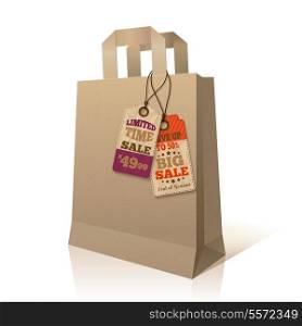Paper sale shopping bag with promotion special price offer tags template isolated vector illustration