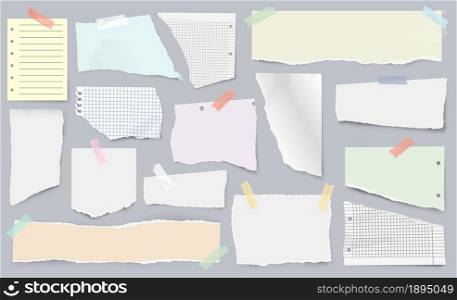 Paper scraps on sticky tape, page pieces with torn edges. Realistic ripped newspaper, ragged notebook sheet, ripped papers strips vector set. Squared and lined fragments for notes and memos. Paper scraps on sticky tape, page pieces with torn edges. Realistic ripped newspaper, ragged notebook sheet, ripped papers strips vector set