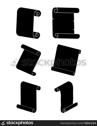 Paper scroll icon set. Black silhouette shape isolated on white background.