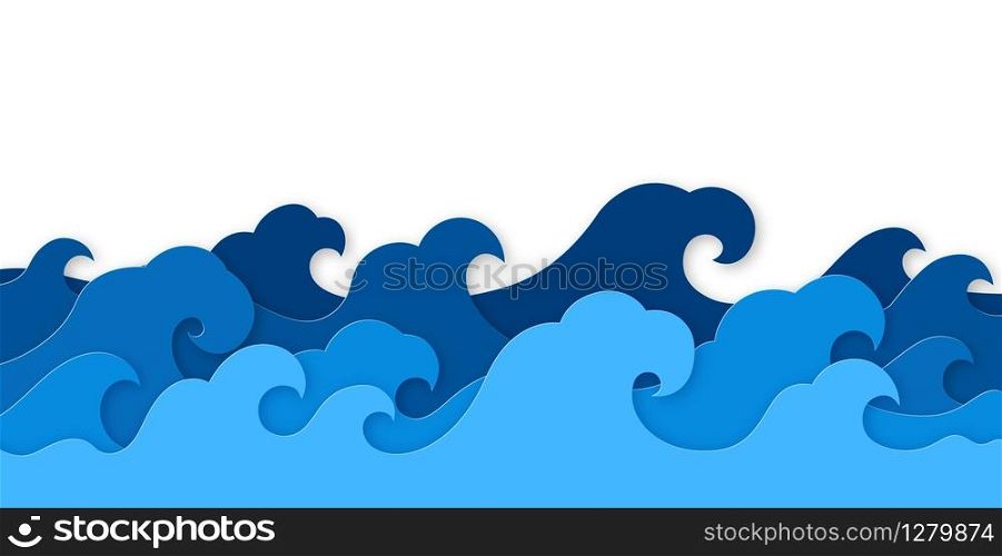 Paper sea waves. Blue water wave paper cut decor, marine landscape with curly waves ocean. Origami style wallpaper texture, vector papercraft background. Paper sea waves. Blue water wave paper cut decor, marine landscape with curly waves ocean. Origami style wallpaper texture, vector background