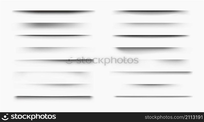 Paper shadow. Realistic page edge shadow overlay and 3D divider effect, poster and banner bottom and side transparent shadow. Vector isolated shaded box set dividers paper effected shapes. Paper shadow. Realistic page edge shadow overlay and 3D divider effect, poster and banner bottom and side transparent shadow. Vector isolated shaded box set