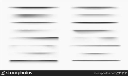 Paper shadow. Realistic page edge shadow overlay and 3D divider effect, poster and banner bottom and side transparent shadow. Vector isolated shaded box set dividers paper effected shapes. Paper shadow. Realistic page edge shadow overlay and 3D divider effect, poster and banner bottom and side transparent shadow. Vector isolated shaded box set