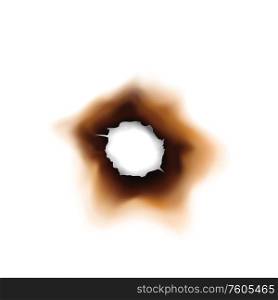 Paper sheet damaged by fire isolated burnt hole. Burnt hole in sheet of paper isolated damaged by fire surface. Vector torn page with brown ash. Burnt hole in paper sheet isolated damaged surface