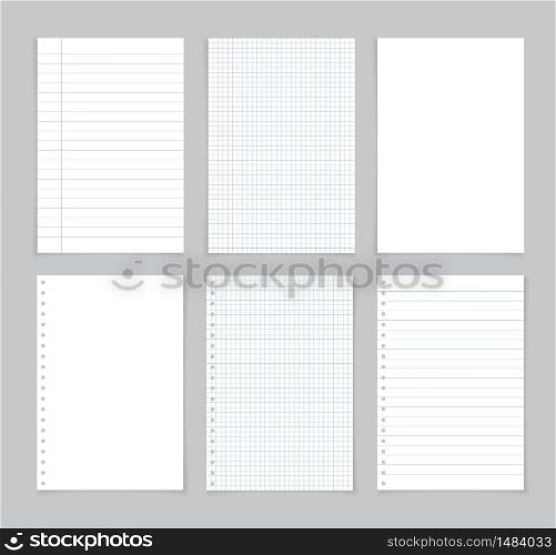 Paper sheet from notebook. White page from notepad with blue and red lines. Notepaper for note in school with grid. Blank letters isolated on gray background. Template for memos, list, diary. Vector.. Paper sheet from notebook. White page from notepad with blue and red lines. Notepaper for note in school with grid. Blank letters isolated on gray background. Template for memos, list, diary. Vector