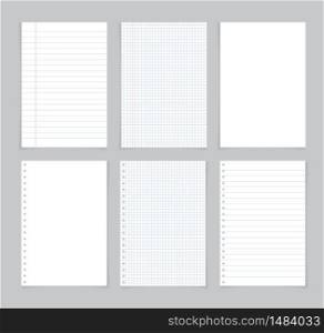 Paper sheet from notebook. White page from notepad with blue and red lines. Notepaper for note in school with grid. Blank letters isolated on gray background. Template for memos, list, diary. Vector.. Paper sheet from notebook. White page from notepad with blue and red lines. Notepaper for note in school with grid. Blank letters isolated on gray background. Template for memos, list, diary. Vector