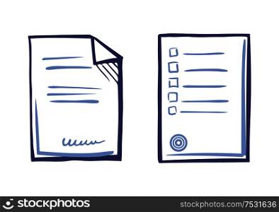 Paper sheet list tips, signed contract with text, stamp and signature vector icon isolated. Commercial documentation, appliance letter sample, line art. Paper Sheet List Tips, Signed Contract Text, Stamp