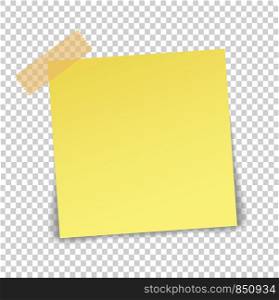 Paper sheet on translucent sticky tape with shadow isolated on a transparent background. Empty yellow note template for your design. Vector illustration