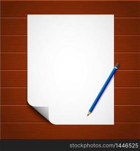 Paper sheet with pencil on wood background.Vertical sheet A4 with curled edge. vector eps10. Paper sheet with pencil on wood background.Vertical sheet A4 with curled edge. vector