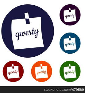 Paper sheet with text qwerty icons set in flat circle red, blue and green color for web. Paper sheet with text qwerty icons set