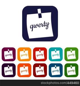Paper sheet with text qwerty icons set vector illustration in flat style In colors red, blue, green and other. Paper sheet with text qwerty icons set flat