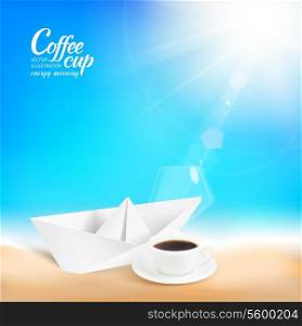 Paper ship with coffee cup over sand and sky. Vector illustration.