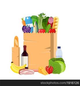 Paper shopping bag full of groceries products. Grocery store. Supermarket. Fresh organic food and drinks. Vector illustration in flat style. Paper shopping bag full of groceries products.