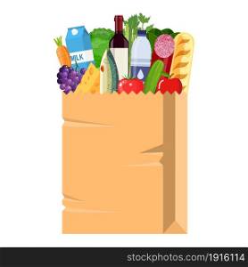 Paper shopping bag full of groceries products. Grocery store. vector illustration in flat style. Paper shopping bag full of groceries products.