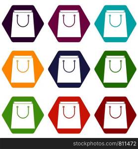 Paper shopping bag icon set many color hexahedron isolated on white vector illustration. Paper shopping bag icon set color hexahedron
