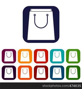 Paper shopping bag icons set vector illustration in flat style In colors red, blue, green and other. Paper shopping bag icons set