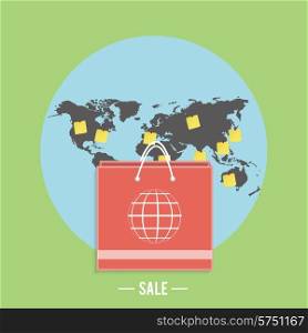 Paper shopping bag with world sphere on green background