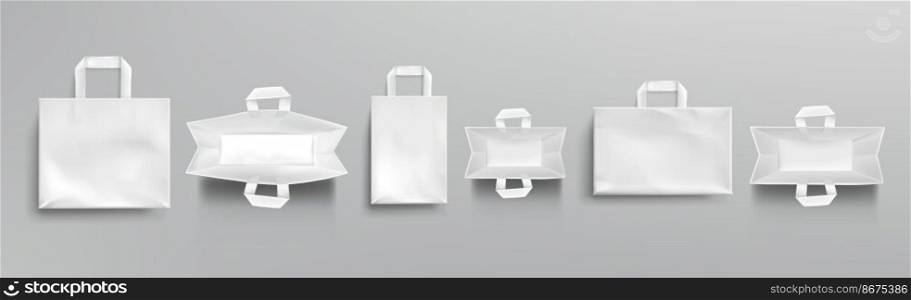 Paper shopping bags top and front view mockup, white packages with handles, blank rectangular ecological gift pack, isolated mock up for branding and corporate identity design, Realistic 3d vector set. Paper shopping bags top and front view mockup