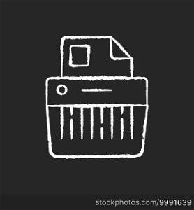 Paper shredding chalk white icon on black background. Cutting paper into either strips, fine particles. Mechanical device. Destroying private documents. Isolated vector chalkboard illustration. Paper shredding chalk white icon on black background