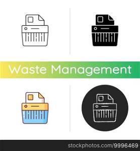 Paper shredding icon. Cutting paper into either strips, fine particles. Mechanical device. Destroying private documents. Linear black and RGB color styles. Isolated vector illustrations. Paper shredding icon