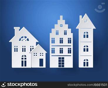 Paper silhouettes of buildings isolated in light blue background. Vector illustration with tree tall white buildings with wide windows and big chimneys. Paper Silhouettes of Buildings Vector Illustration