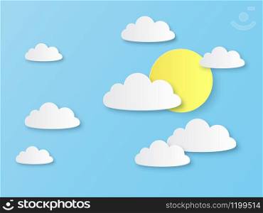 Paper sky with cloud. White clouds and sun on blue heaven, cut paper origami design, air landscape panorama vector sunny background. Paper sky with cloud. White clouds and sun on blue heaven, cut paper origami design, air landscape panorama vector background