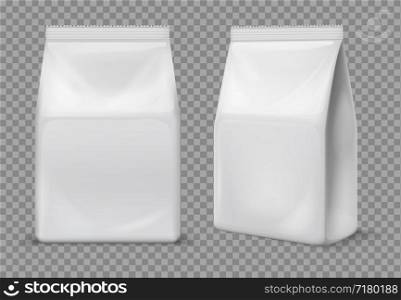 Paper snack bag. Food blank white sachet, packaging. 3d vector foil package isolated mockup. Snack bag, sachet product, paper pack container illustration. Paper snack bag. Food blank white sachet, packaging. 3d vector foil package isolated mockup