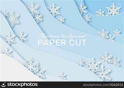 Paper snowflakes background. Christmas card with snowflakes, new year holidays greeting card 3d origami party poster, vector winter dimensional design blue concept. Paper snowflakes background. Christmas card with snowflakes, new year holidays greeting card 3d origami party poster, vector concept