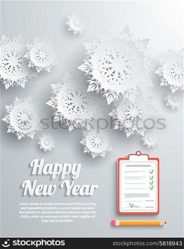 Paper snowflakes Happy New Year text with balls and clipboard on gray background