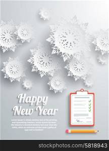 Paper snowflakes Happy New Year text with balls and clipboard on gray background