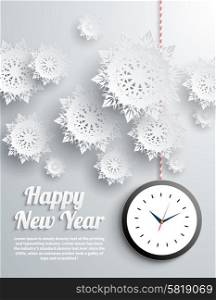 Paper snowflakes Happy New Year text with balls and watch on gray background