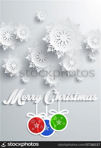 Paper snowflakes Merry Christmas text with balls