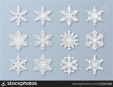 Paper snowflakes. New year and christmas papercut 3d snowflake elements. White winter snow ornament decoration, origami abstract ice vector set. Paper snowflakes. New year and christmas papercut 3d snowflake elements. White winter snow ornament decoration, origami vector set