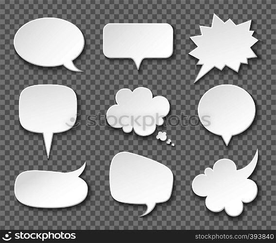 Paper speech bubbles. White blank thought balloons, shouting box. Vintage speech and thinking expression vector bubble set. Speak message cartoon graphic cloud shape. Paper speech bubbles. White blank thought balloons, shouting box. Vintage speech and thinking expression vector bubble set