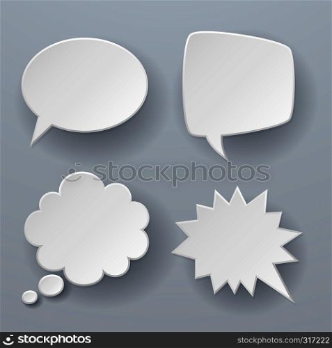 Paper speech bubbles. White origami 3d retro clouds thought chat or dialogue text message balloon vector set. Paper speech bubbles. White origami 3d retro clouds thought chat or dialogue text message balloon vector concept