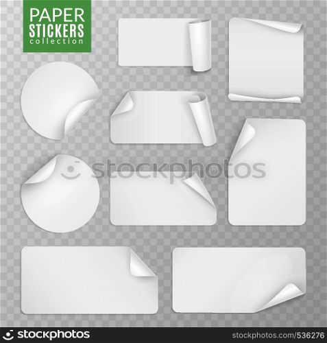 Paper stickers set. White label sticker page, blank badge bent note sticky banners curled corners wrapped sheets. Vector isolated