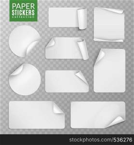 Paper stickers set. White label sticker page, blank badge bent note sticky banners curled corners wrapped sheets. Vector isolated