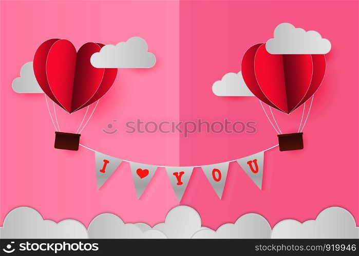 Paper Style love of valentine day , balloon flying on sky over cloud with text on flags, couple honeymoon , vector illustration background