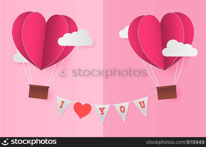 Paper Style love of valentine day , balloon flying on sky over cloud with text on flags, couple honeymoon , vector illustration background