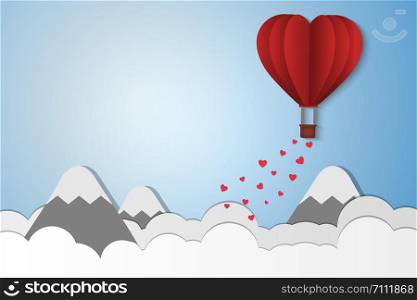 Paper Style love of valentine day , balloon flying over cloud and mountain with heart float on the sky, couple honeymoon , vector illustration background