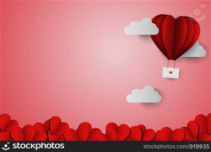 Paper Style love of valentine day , balloon flying over cloud and Paper Heart with float on the sky, Send love letter with copy space , vector illustration background