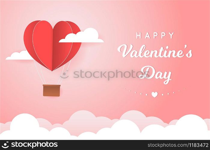 Paper Style love of valentine day , balloon flying over cloud with heart float on the sky, couple honeymoon with copy space , vector illustration background