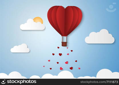 Paper Style love of valentine day , balloon flying over cloud with heart float on the sky, couple honeymoon , vector illustration background