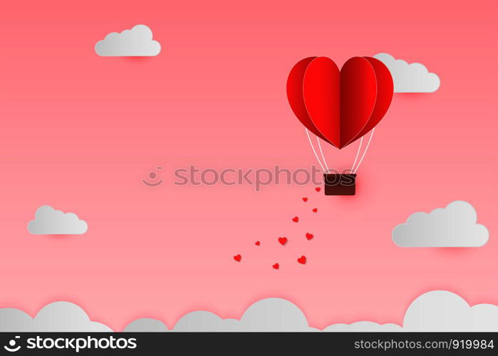 Paper Style love of valentine day , balloon flying over cloud with heart float on the sky, couple honeymoon with copy space , vector illustration background